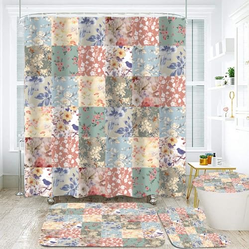 LQCOOL 4Pcs Boho Shower Curtain Set Vintage Floral Bathroom Sets