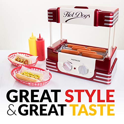 Nostalgia HDR8RR Hot Dog Warmer 8 Regular Sized, 4 Foot Long and 6 Bun Capacity, Stainless Steel Rollers, Perfect For Breakfast Sausages, Brats, Taquitos, Egg Rolls, Retro Red