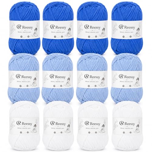 Image of Skinny Chenille Yarn for Crocheting - 12 Pack Soft Matte Fine Chenille, 50g /158yd Each (1896yd Total), CYC #2 Baby Blanket Yarn for Plush Toys, Blankets & Large Projects(Blue Mix)