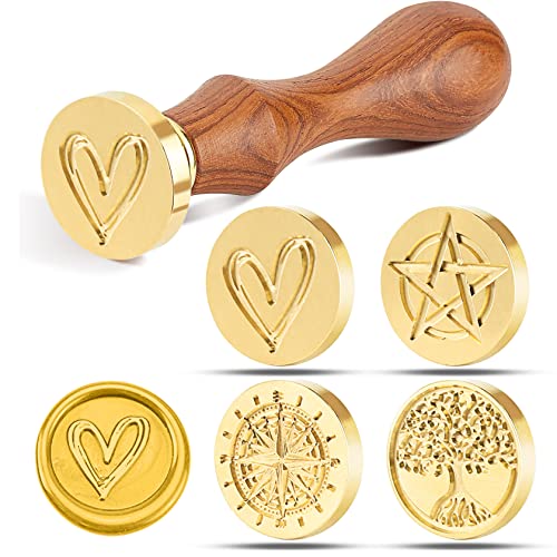 Wachssiegel Stempel, 4 Stück Abnehmbarer Messingkopf-Siegelstempel mit 1 Stück Holzgriff, für Umschlag/Einladungen/Karten/Geschenk/Retro Wachs Siegel - (Herz+ Kompass+ Stern+ Baum des Lebens Stempel) Cover