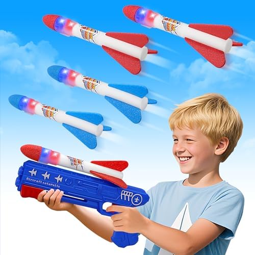 Rocket Launcher Toys for Kids, 2 Flight Modes LED Foam Glider Catapult Rocket, Outdoor Flying Toy, Birthday Gifts for Boy Girl 6+ Year Old, B-Day Party Supplies