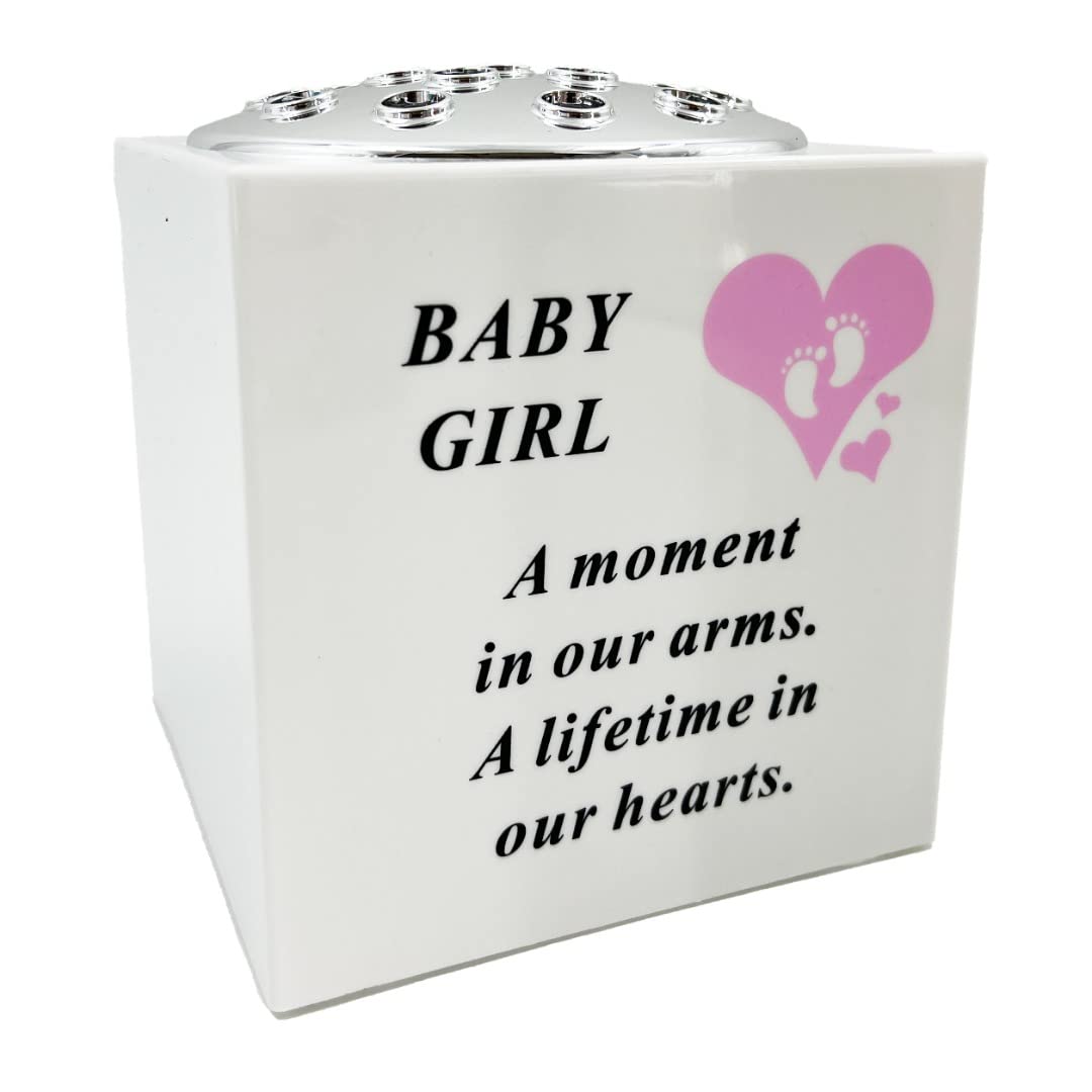 Angraves Born Sleeping Pink Little Girl Baby Memorial Graveside Plastic Flower Vase Container White and Silver