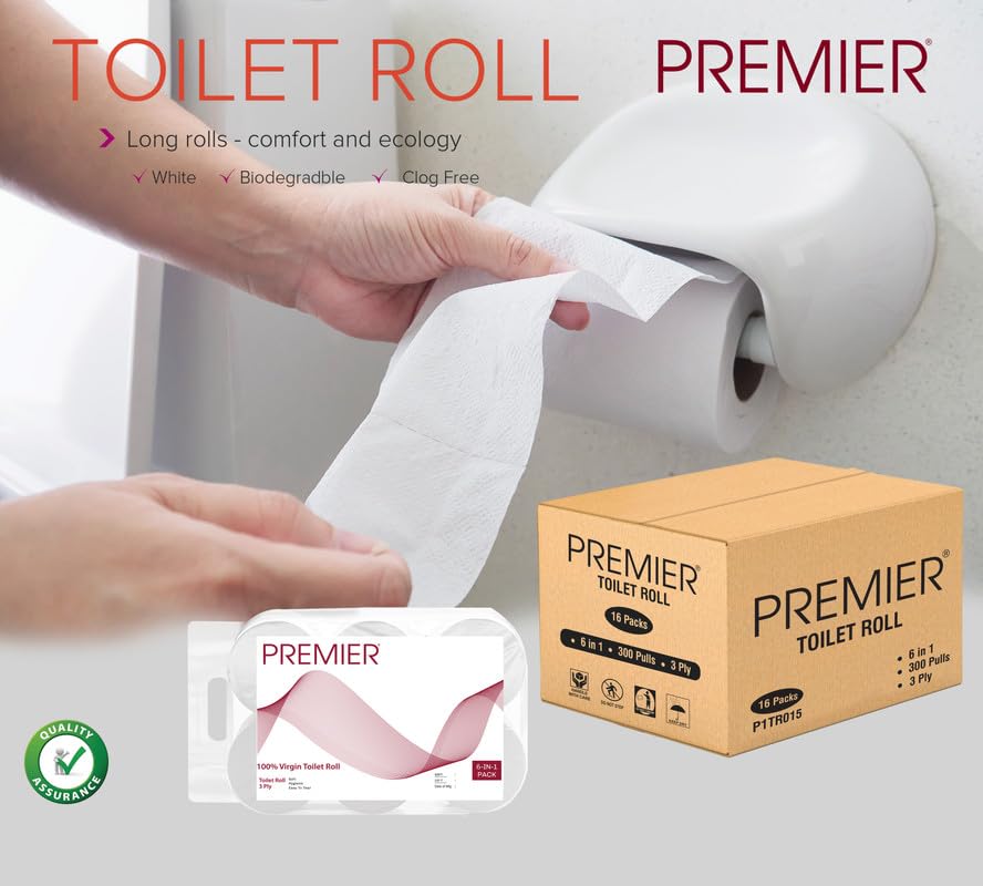 Image of Premier 3 Ply Wholesale Toilet Tissue Roll (28800 Pulls) | 300 Pulls x 96 Rolls (Bulk Carton Pack) | Clog Free, Flushable, Easy to Tear | Extra Absorbent Toilet Paper Roll for Home, Office