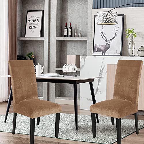 Busamedo Stretch Velvet 4Pcs Dining Room Chair Cover Parsons Chair Slipcover 1 Pcs Dining Bench Cover Removable Seat Protector For Dining Room (Brown) #TOP1