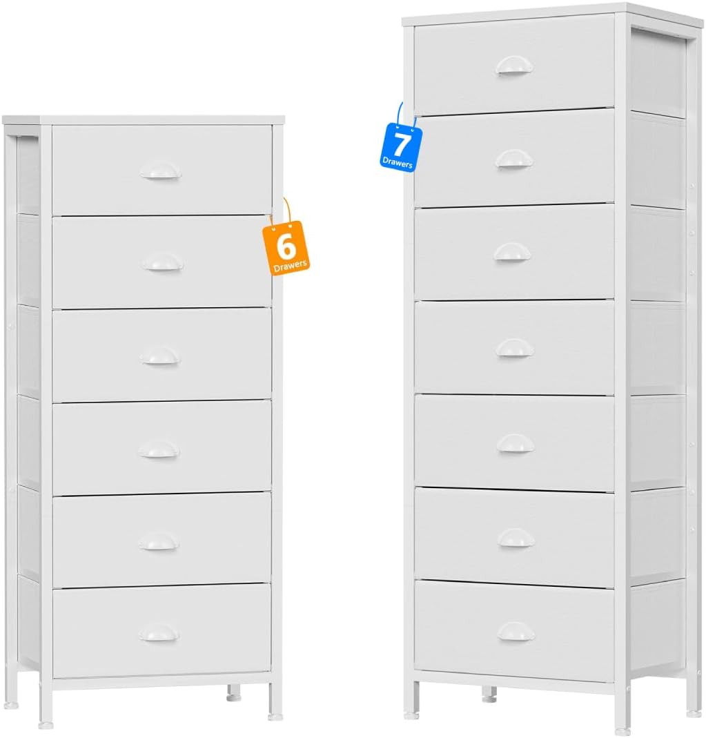 Furnulem White Tall Dresser for Bedroom with 6 & 7 Drawers, Vertical Chest of Drawers in Closet, End Table, Nightstand Storage Tower Unit Organizer with Fabric Bins