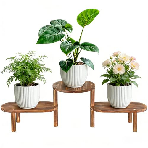 Jotboom 3 Tier Corner Plant Stand Indoor - Adjustable Wood Convex Flower Stand for Small Spaces, Heavy Duty Long Plant Shelf for Living Room Balcony Hallway