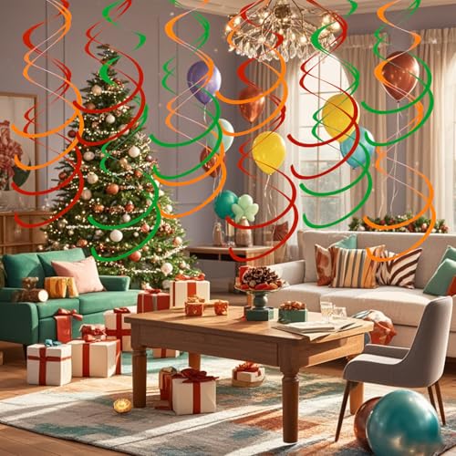 Image of Colorful Ceiling Swirl Foil Decorations Hanging Plastic Streamer Themed Swirl Party for Christmas Graduation Celebration, Pack of 28 (Red, Green and Orange)