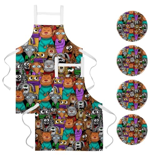 Tablier de serveuse pour restaurant et bar avec poches lot de 2 motifs chats