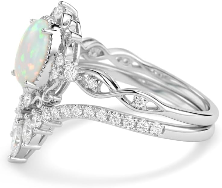 2 Carat Opal Engagement Ring Set for Women Unique Oval Cut Opal Bridal Set Ring 925 Sterling Silver Rings with 18K White Gold Plated