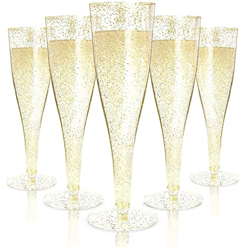 LATERN 60 Pièces Flûtes à Champagne en Plastique, 150ml Verres à Champagne Scintillants Dorés Gobelets à Vin de Fête Réutilisables pour Fêtes De Douche D'anniversaire Mariage Jardin