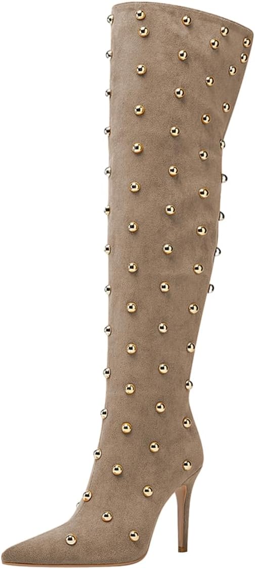 FSJ Women Studded Stiletto High Heel Over the Knee Boots Pointed Toe Side Zipper Thigh High Boot Long Fall Winter Sexy Stretch Suede Shoes Size 4-16 US