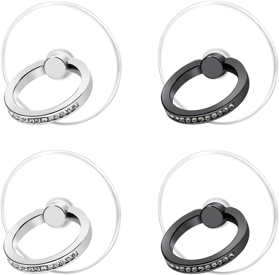 Transparent Cell Phone Ring Stand Holder Phone Ring Holder Finger Grip Loop Finger Ring Stand (2 Silver 2 Black (Round))