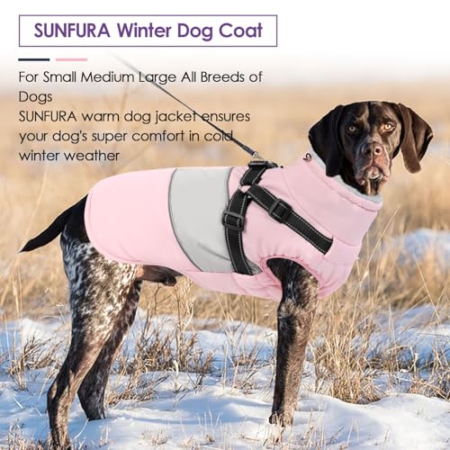 Image of Small Dog Coat with Harness Built in, Warm Dog Jacket Winter with Zipper On Back, Waterproof Pet Snow Jacket Snowsuit Pet Sweater Clothes for Puppy, Pink XS