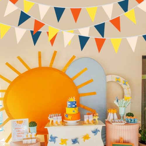 Image of 40Ft Retro Blue Orange Yellow Beige Fabric Bunting Banner Pennant Hanging Party Decorations Triangle Flag Garland for Boho Sunshine Theme Gender Reveal Birthday Here Comes the Son Baby Shower Decor