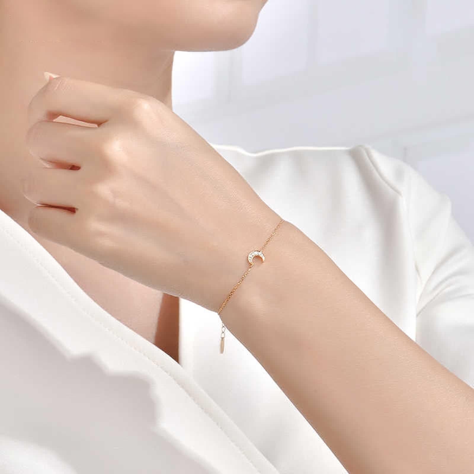 Pulsera de moda para mujer, pulseras de cadena de diamantes blancos de 0,04 quilates, joyería de cadena de luna de oro amarillo