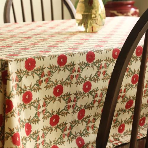 Image of THE YARD HOUSE Wipeable & Anti-Slip Hand Block Printed Cotton Table Cover - Field of Poppies, 6 Seater Rectangle (60 inch x 90 inch) Ideal for Families - Protects Against Spills, Scratches, and Damage.