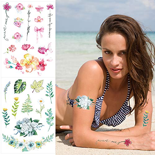 Qpout Blumen Temporäre Tattoos für Frauen Mädchen Kinder, 8 Blatt Wasserdichte Realistische Arm Ärmel Blume Rosa Rose Tätowierung Aufkleber Hand Rücken Hals Handgelenk Dekoration-Blume Vogel Reh