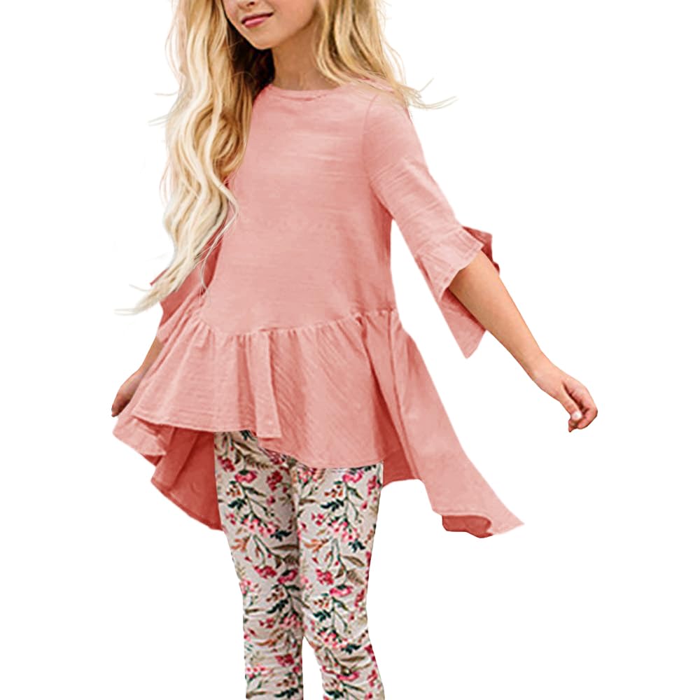 Haloumoning Niñas Camisetas Túnica Volantes Vestido Tops Mangas 3/4 Verano Otoño Lindo Alto Bajo Blusas Té