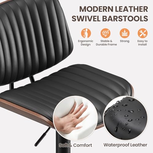 Image of MALOL Bar Stools Set of 1, Adjustable Counter Height Bar Chairs 26 inch-34.5 inch with Swivel & Footrest, Modern Faux Leather Barstools for Kitchen Island, Dining Room,Pub,Black