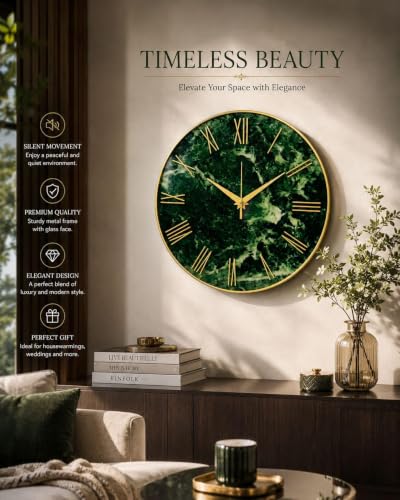 Image of Green Marble Pattern Rasin Wall Clock with Gold Roman Numerals
