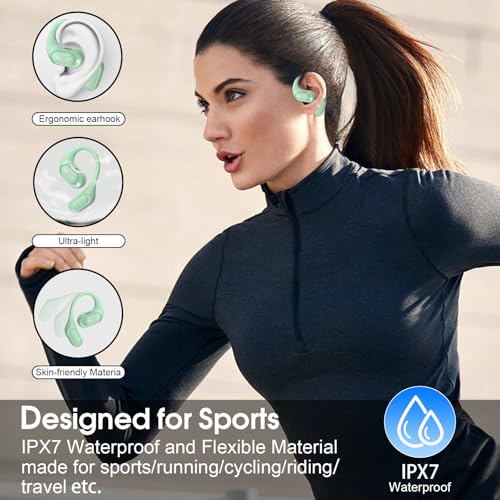 Image of Open Ear Headphones, Bluetooth 5.4 Headphones Sports, Premium Sound with HD Mic Wireless Earbuds, 48H Playtime LED Power Display Ear Buds, IPX7 Lightweight Comfort Earphones for Running Working, Green