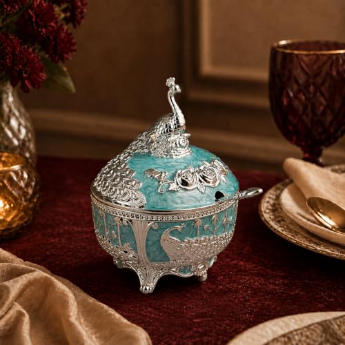 Image of Diviniti Silver Plated Peacock Sugar Pot with Lid | Decorative Storage Jar for Sugar, Mouth Fresheners & Small Items | Luxury Home Decor Piece for Dining Table, Kitchen & Gifting (Teal Blue)