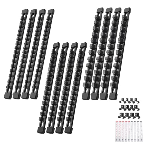 Image of Reniteco 12-Pack Socket Organizer Set, 1 /4 inch x 64 3 /8 inch x 60 1 /2 inch x 48 Clips | 172 Clip Capacity, Havy-Duty ABS Socket Rails, Removable Clips, Drive Socket Storage, Toolbox Drawer or Wall Mount
