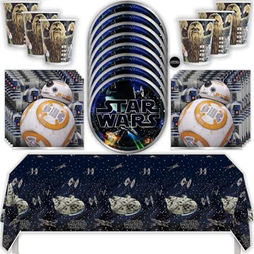 Star Wars Birthday Party Supplies with Tablecloth, Plates, Napkins, Cups, & Sticker, Party Decorations, Serves 16 Guests, Fun Set for Parties & Themed Celebrations