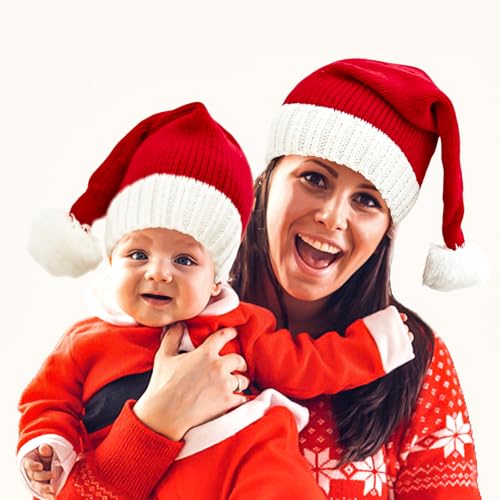 Weihnachtsmütze Erwachsene Kinder, Nikolausmütze Weihnachtsmützen Baby Herren Damen, Eltern-kind Gestrickte Rot Weihnachtsmann Mütze, Weihnachten Kostüm Lustig Santa Clause Mütze Weihnachtsfeier Hat