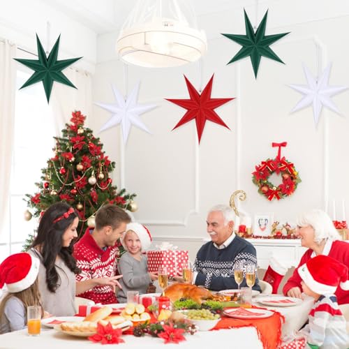 Image of 12 Inches 5 PCS Red Green White Paper Star Lanterns Hanging Stars Christmas Party Decorations Hanging Lampshade Christmas Wedding Birthday Christmas Home Party Decorations(7 Pointed)