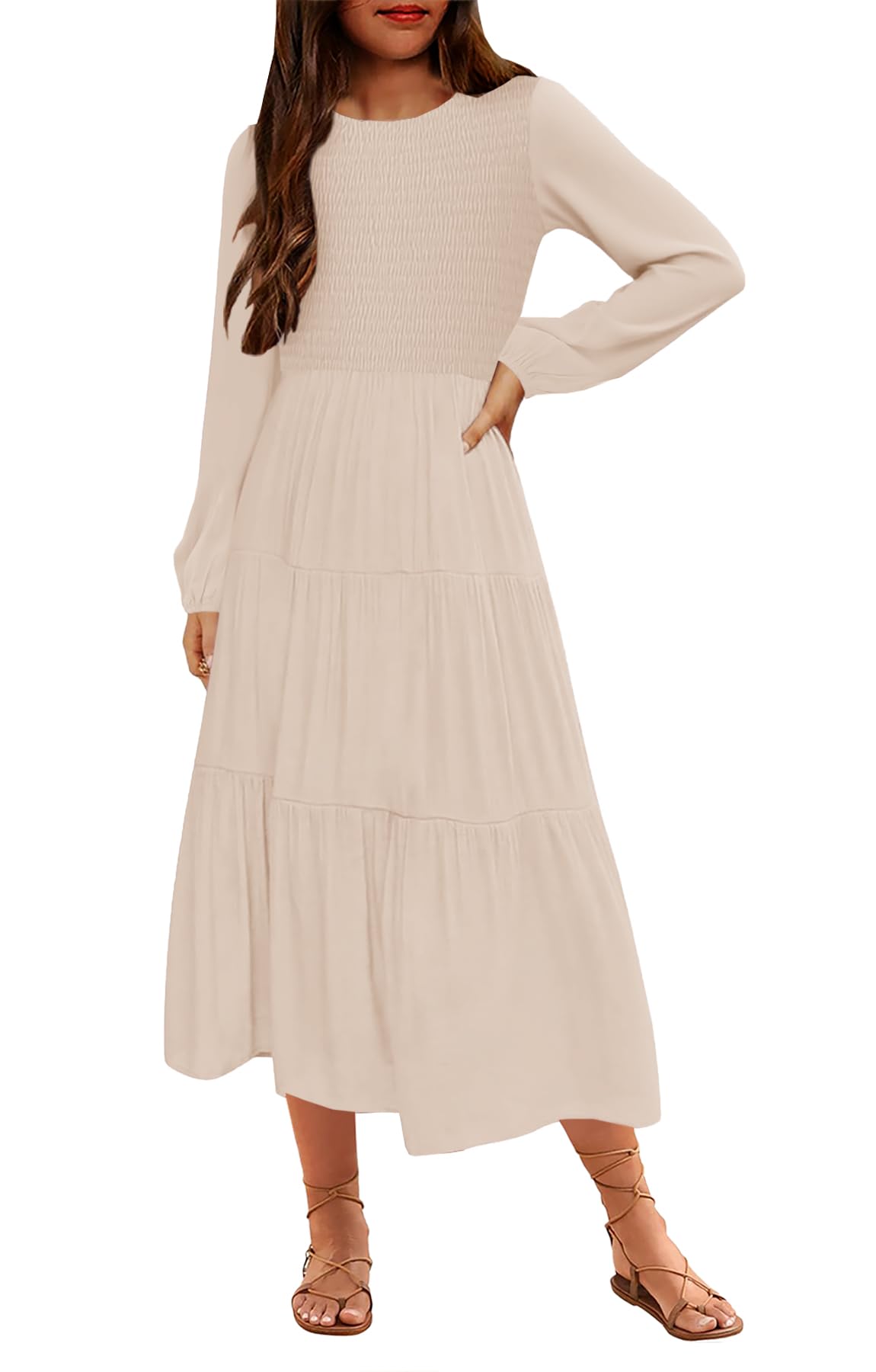 Girls Boho Midi Dress Puff Long Sleeve Crew Neck High Waist Smocked Tiered Casual Long Dress with Pockets