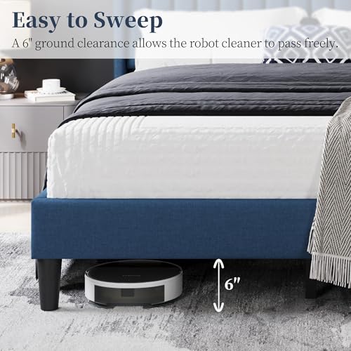Image of Yaheetech Queen Bed Frame with Headboard, Navy Blue Channel-Tufted Platform
