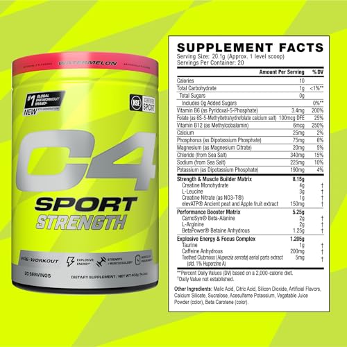 Image of Cellucor C4 Sport Strength Pre Workout Powder - NSF Certified for Sport - Beta-Alanine, Creatine, 200mg Caffeine - Sugar Free Energy Supplement for Men & Women - Hawaiian Punch Berry Blue, 20 Servings