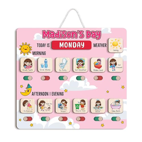 Image of Personalized Wooden Chore Chart for Kids, Daily Routine Chart for Toddlers, Visual Schedule for Kids Age 3-5, Morning Bedtime Routine for Girls (03)