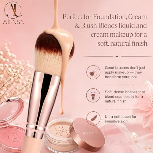 Image of Makeup Brush, Large Face Makeup Brush for Foundation, Powder, Blush, Bronzer and Contour, Soft Dense Synthetic Bristles, Rounded Perfecting Brush with Pink Handle and Rose Gold Ferrule