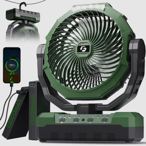 Image of FRIZCOL 3-in-1 Camping Fan - Portable Fans Rechargeable - 24000mAh Detachable Battery Powered Fan with Light & Remote for Indoor, Outdoor, Tent, Travel, Fishing, Jobsite - Dark Green
