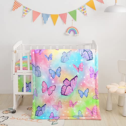 Image of Datura Home 3-Piece Crib Bedding Set - Watercolor Butterfly Printed Nursery Comforter, Sheet & Skirt for Baby Boys & Girls