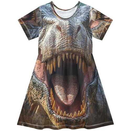 Pigsaly Girls Short Sleeve Dress Jurassic Tyrannosaurus Rex Roared Fiercely Dinosaur Girls Summer Dress 5-6T