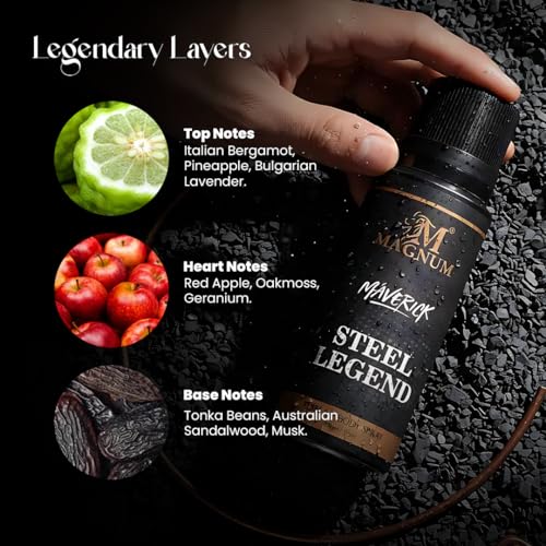 Image of Magnum Maverick Steel Legend Men's Body Spray - Aromatic Woody Fragrance with Bergamot, Lavender & Sandalwood | Smooth Long-Lasting Scent for Office & Everyday Wear | 150ml
