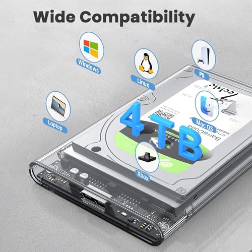 Image of TECHIE 2.5 inch External Hard Drive Enclosure, HDD /SSD Transparent Enclosure, USB 3.0, Easy-Install Shockproof Case for Windows, macOS, Linux, Drives up to 4TB