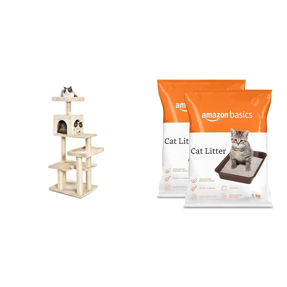 Amazon Basics Extra Large Cat Tree Tower with Condo - 24 x 56 x 19 Inches, Beige & AmazonBasics Scoopable Bentonite Cat Litter, Unscented, 5Kg Pack of 2 (B0D35HG6QZ) Amazon Price History, Amazon Price Tracker