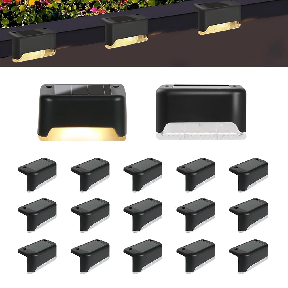 16 Pezzi Luci Solari per Esterni, Luci a LED Impermeabili, Luci Solari Da Giardino per Scale Esterne, Gradini, Recinzioni, Cortili, Patio, Grondaia, Sentiero, Decorazione (Nero, Bianco Caldo)