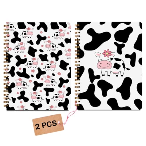 Image of 2 Pcs Cow Spiral Notebooks for Work, A5(8.3x5.8inch) Composition Notebook College Ruled Note Book, Pink Flowers Hardcover Notepads Diary Lined Travel Journal for Writing, Cute Cow Gifts for Women