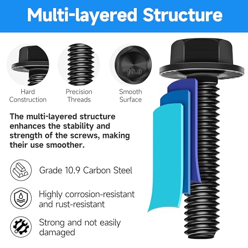 Image of (10Sets) M6 Bolt x 20mm Flanged Hex Head Bolts, External Flange Hex Drive M6 Screws, Class 10.9 Black Zinc Plated Alloy Steel Metric M6x1.0 Bolts Kit