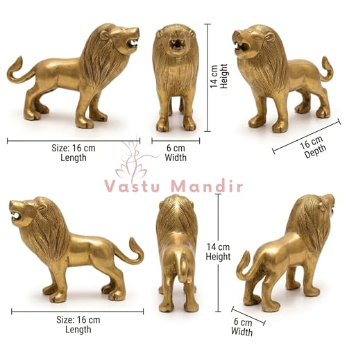 Image of Pure Brass Roaring Lion Statue, Gold Finish, Decorative Religious Figurine for Home and Office, North-East Zone Placement, Traditional Art Deco Style | 16x6x14 cm | 985g