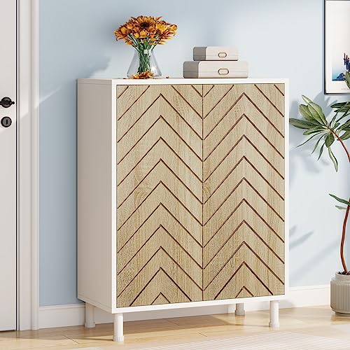 Vagaconl Shoe Cabinet with Doors, 6 Tiers Shoe Storage Cabinet for Entryway, Wooden Shoe Organizer Rack with Geometric Door for Entryway Hallway, White and Oak Vagaconl Shoe Cabinet with Doors, 6 Tiers Shoe Storage Cabinet for Entryway, Wooden Shoe Organizer Rack with Geometric Door for Entryway Hallway, White and Oak