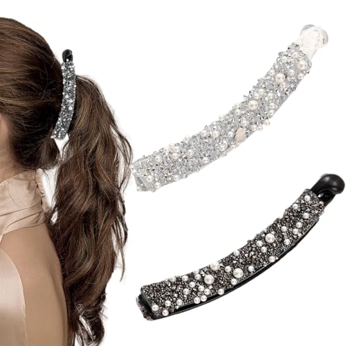 2 Pezzi Fermagli a Banana, Fermagli per Capelli a Banana con Perle di Strass, Vintage a Forma di Coda Pesce per Coda di Cavallo, per Capelli Ricci e Grossi (Nero + Bianco)