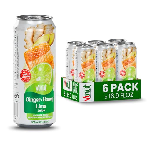 Image of VINUT Ginger, Honey & Lime Juice, 85% Juice, No Added Sugar, Not From Concentrate, 16.9 fl oz (500 mL) Can, Pack of 6