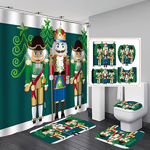 Smaroll Christmas Nutcracker Shower Curtain Set with Rugs Merry Christmas Fabric Waterproof Holiday Shower Curtains for Bathroom Set with Shower Curtain Bathroom Curtains Shower Sets White Green