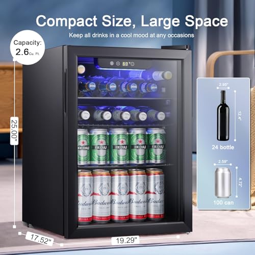Image of Antarctic Star Beverage Refrigerator Cooler-85 Can Mini Fridge Glass Door for Soda Beer Wine Stainless Steel Glass Door Small Drink Dispenser Digital Display for Home, Office Bar,2.6cu.ft